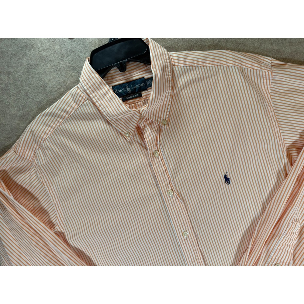 Polo Ralph Lauren Classic Fit Shirt Mens 16 34/35 Orange White Striped Pony